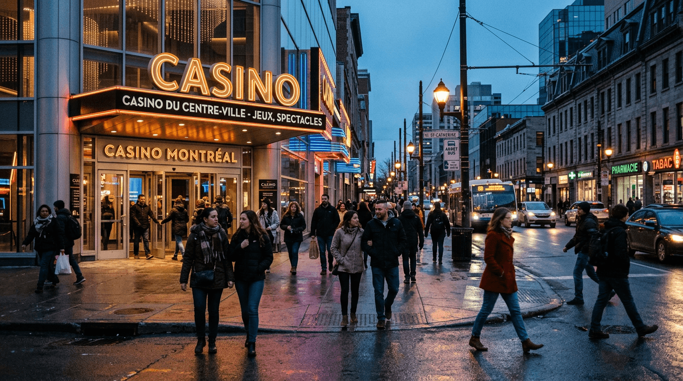 A vibrant street scene in downtown Montréal, showcasing a modern casino entrance with bright neon lights, reflecting the energy of the Montréal gambling sector strengthens.