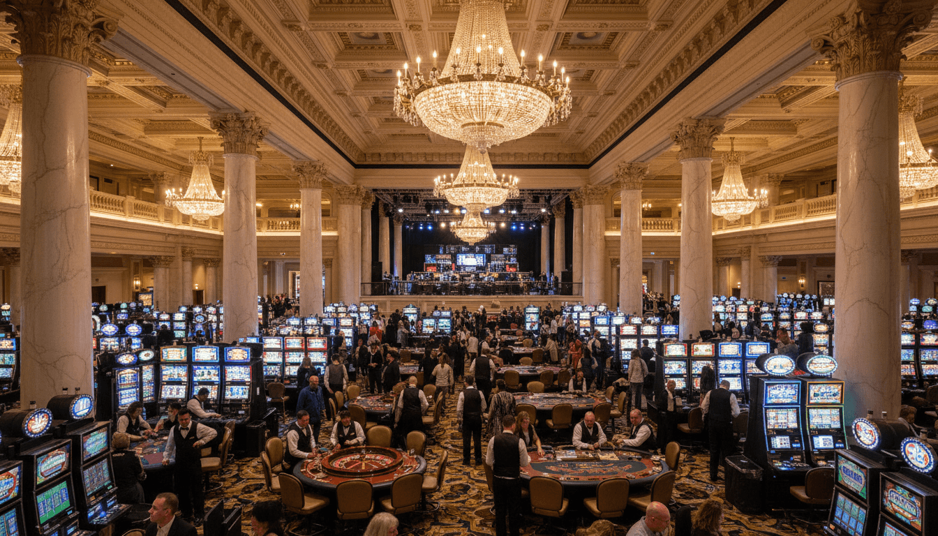 Wide environmental shot of a luxurious Caesars Palace casino floor, bustling with activity, showing slot machines, gaming tables, and ornate architecture, reflecting the scale of the Tilman Fertitta Caesars bid.