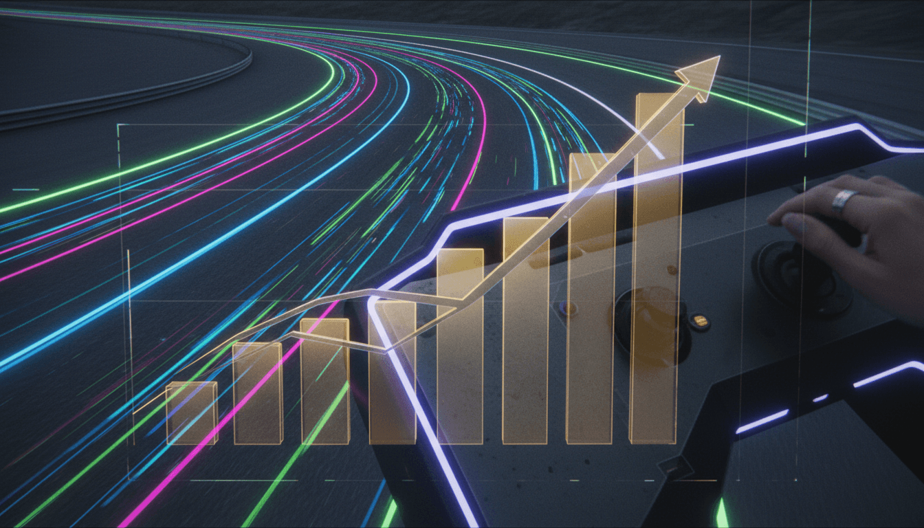 A stylized, abstract representation of a racing track with digital data streams and upward-trending financial graphs overlaid, symbolizing the Motorsport Games Q4 earnings growth.