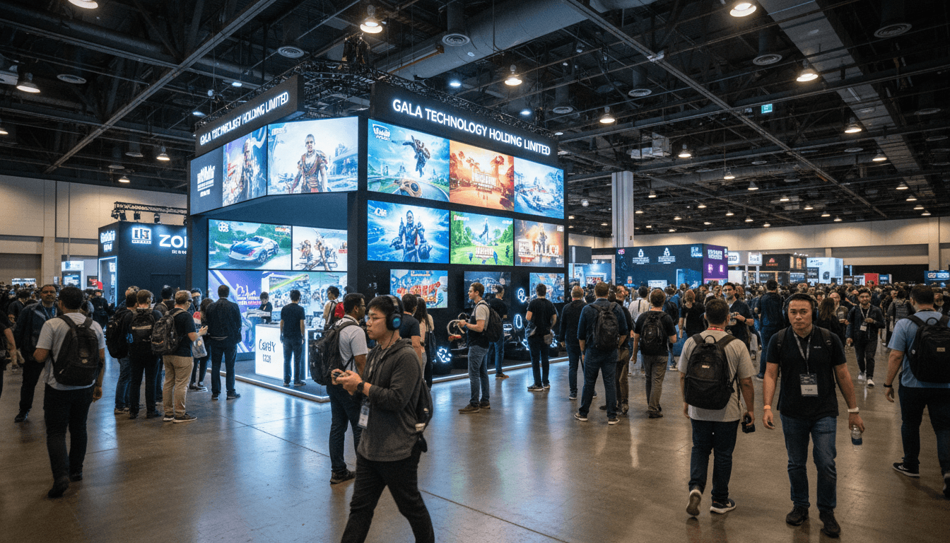 Wide environmental shot of a large, bustling gaming convention floor with the Gala Technology Holding Limited booth prominently displayed, showing large screens featuring diverse game releases and excited attendees exploring new titles, signifying the Gala profit surge.