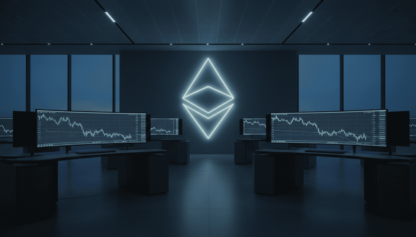 A lone, digital representation of a stock chart showing a downward trend, with a subtle, stylized Ether logo in the background, symbolizing the SharpLink Gaming stock falls.