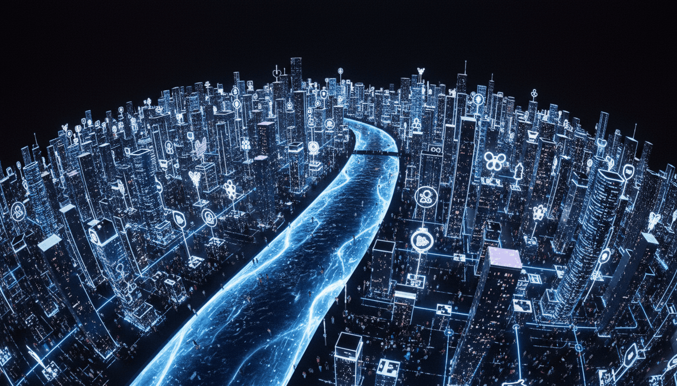 An aerial view of a bustling digital city at night, with glowing social gaming icons representing Yalla's platforms. The city lights reflect on a simulated digital river flowing through it, symbolizing connectivity and profit.