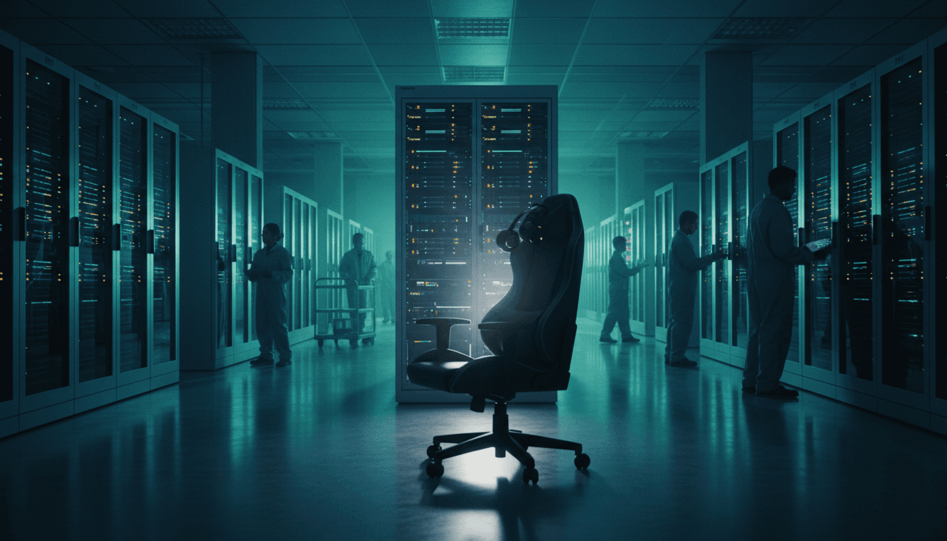 A bustling server room with rows of blinking lights and cables, representing the infrastructure supporting a massive 7Road Holdings profit surge in online games.