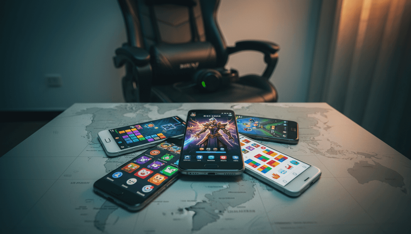 A collection of smartphones displaying various popular mobile game interfaces, arranged on a stylized map of Vietnam, representing significant Vietnam mobile game spending.