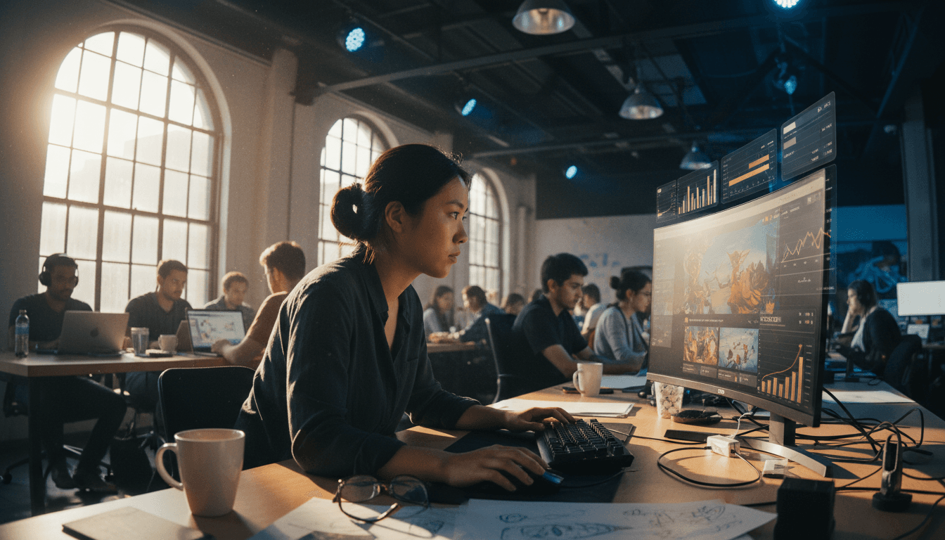 A developer excitedly looking at a screen displaying analytics and revenue charts for their web game, embodying the success of web games into million-dollar businesses.