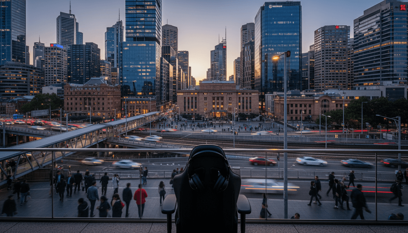 A wide shot of the Sydney financial district skyline at dusk, with modern skyscrapers illuminated against a vibrant sunset, symbolizing the global financial reach and regulatory environment of the Bold Ripple AFSL.
