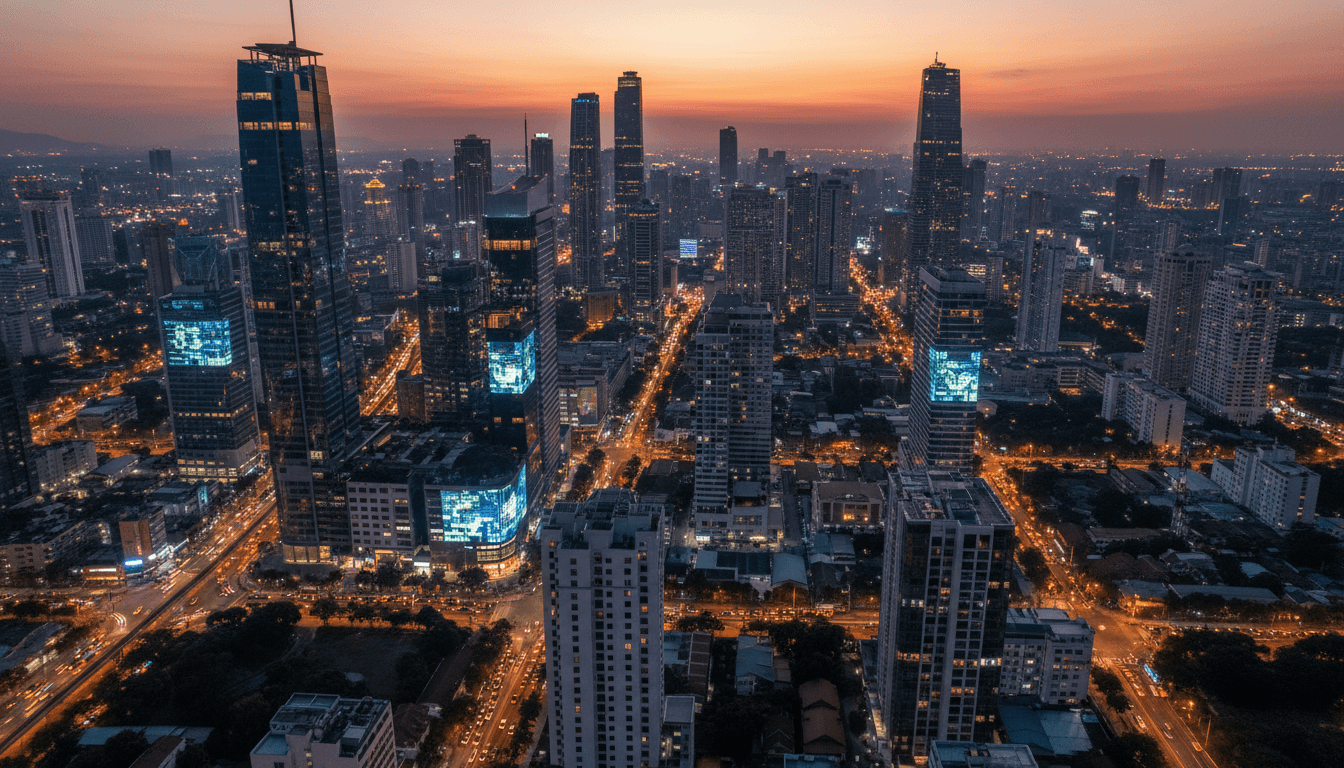 An aerial view of a bustling Philippine city at night, with illuminated buildings and digital billboards showcasing gaming advertisements, highlighting the urban environment where DigiPlus FY25 income steady operations take place.