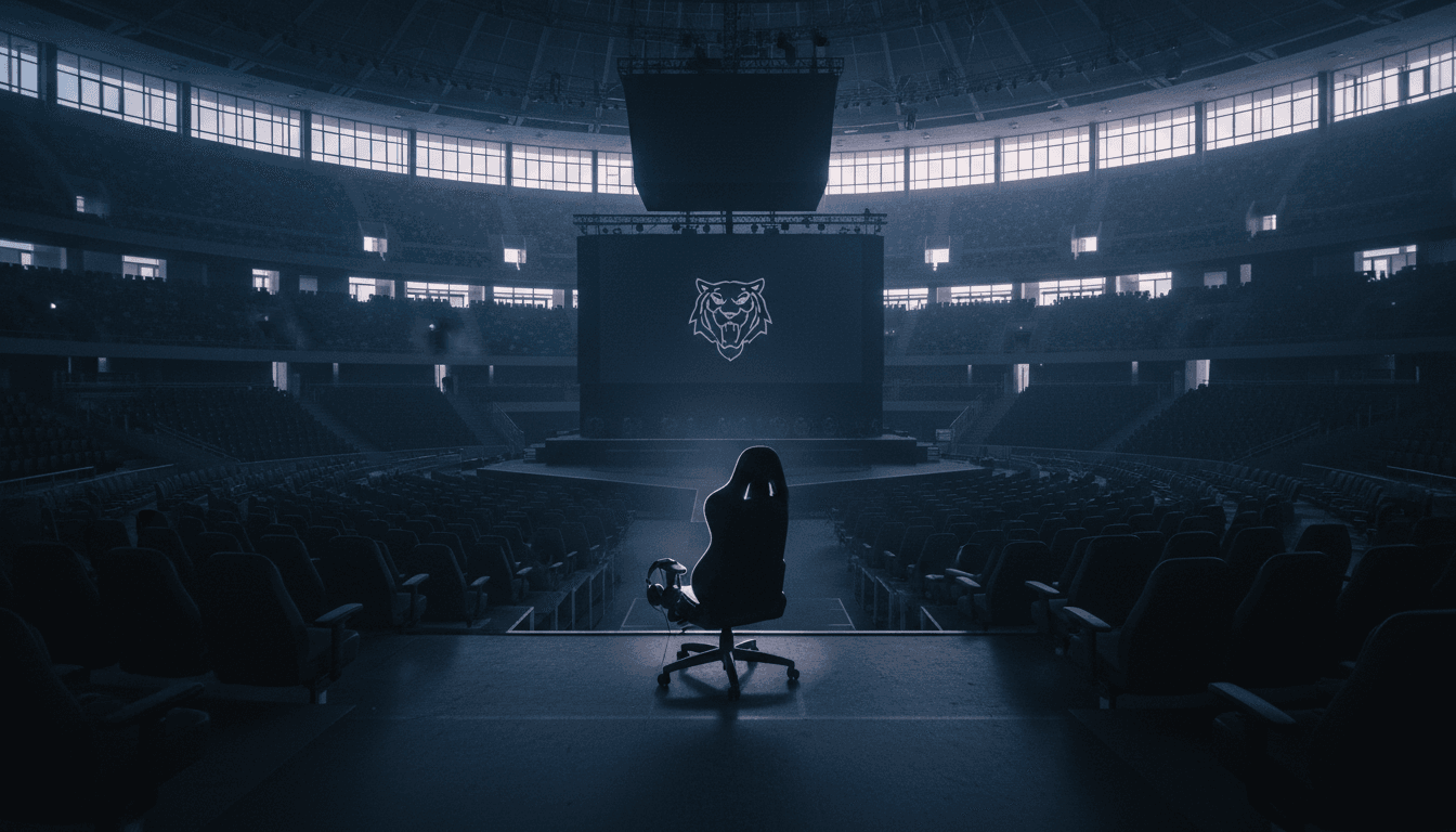 A dimly lit, empty esports arena at dawn, with the large central screen displaying a faded Huya logo, symbolizing the quiet confidence after a major Huya sales boost.