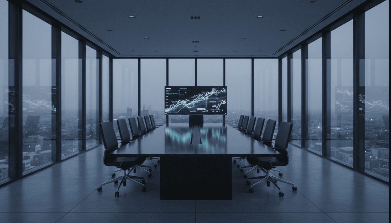 An empty, dimly lit corporate boardroom in a modern skyscraper at dusk, with a large screen displaying abstract financial charts, reflecting the quiet anticipation before the Tencent Alibaba earnings preview.