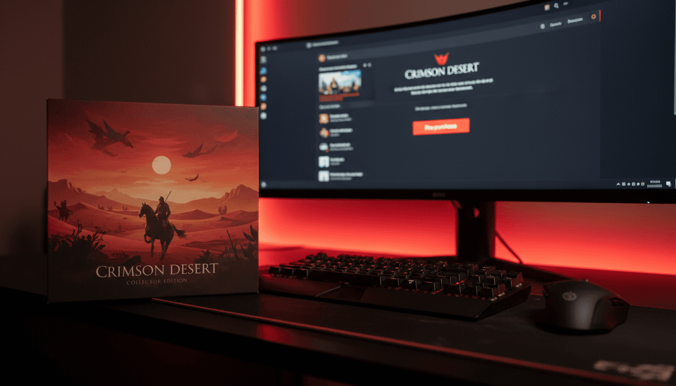 A close-up of a Crimson Desert pre-orders game box on a desk, next to a gaming mouse and keyboard, with a Steam logo visible on a monitor in the background.