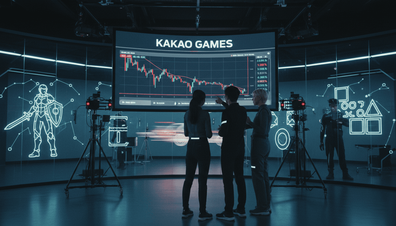 A conceptual image depicting a digital stock ticker displaying 'Kakao Games Corp Stock' with downward-trending arrows, set against a backdrop of abstract gaming elements like stylized character silhouettes and fragmented game interfaces, illustrating market challenges.