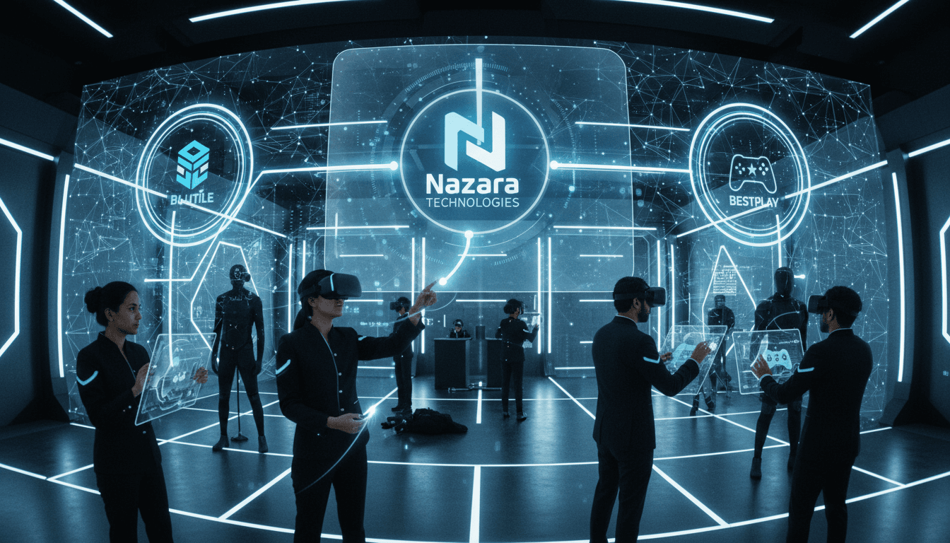 A stylized graphic representing the Nazara gaming bet, showing the Nazara logo connecting with two abstract game studio logos, Bluetile and BestPlay, with a subtle digital network overlay.