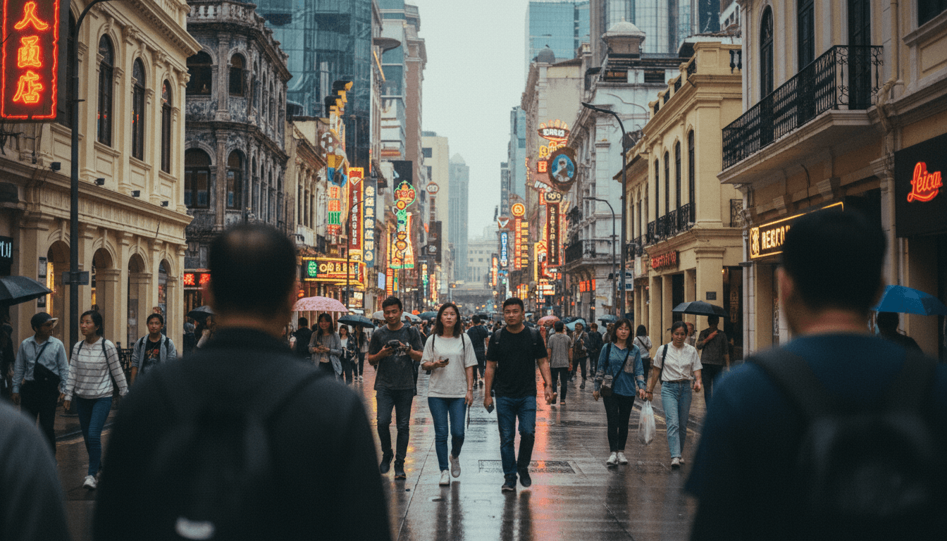 A bustling street scene in Macau, showing vibrant casino signs and a mix of traditional and modern architecture, reflecting the environment where a profit slump could occur.