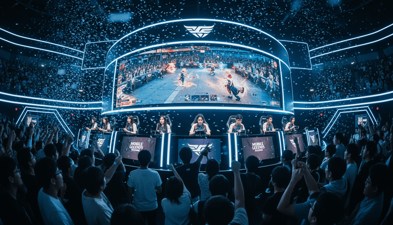 A dynamic shot of the Mobile Legends: Bang Bang logo prominently displayed on a large screen during an esports tournament, with ByteDance sells Moonton text subtly integrated.