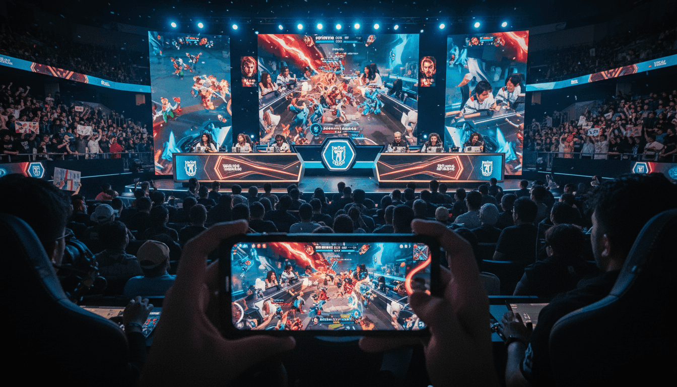 A vibrant esports arena mid-match for Mobile Legends: Bang Bang, with two teams of players intensely focused on their glowing screens, surrounded by a cheering crowd and large LED jumbotrons displaying in-game action, highlighting the Savvy Group acquisition's focus.