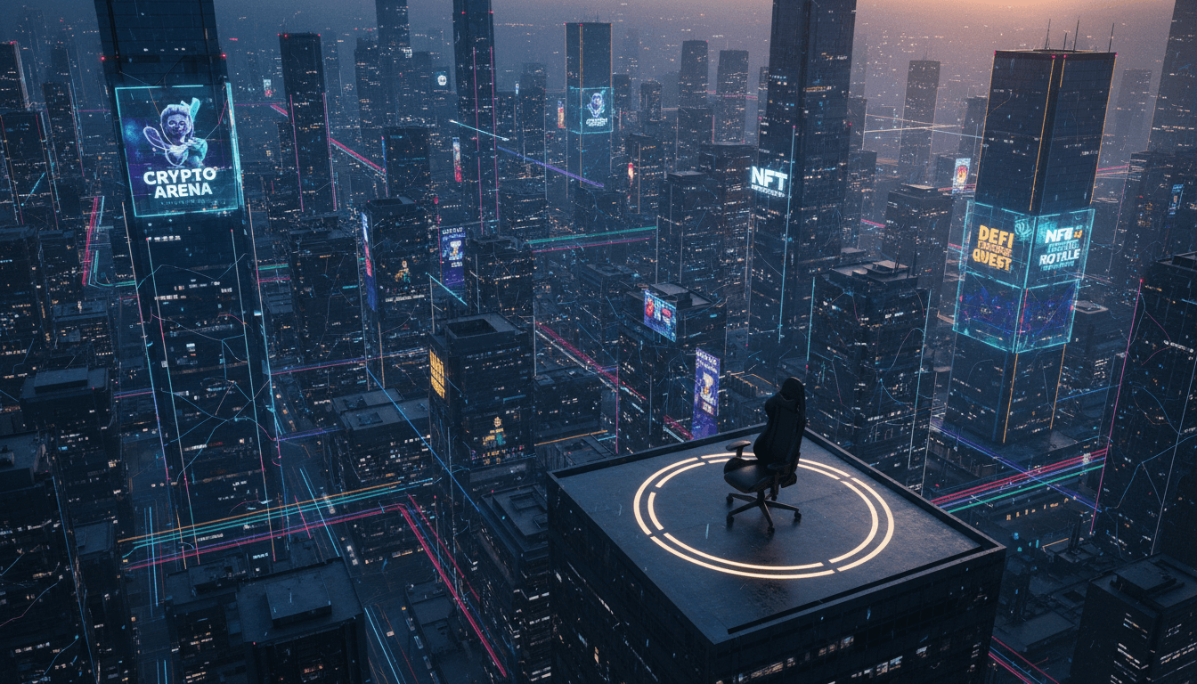 An aerial view of a futuristic digital city with holographic displays advertising games, symbolizing AlphaTON Capital acquires GAMEE.