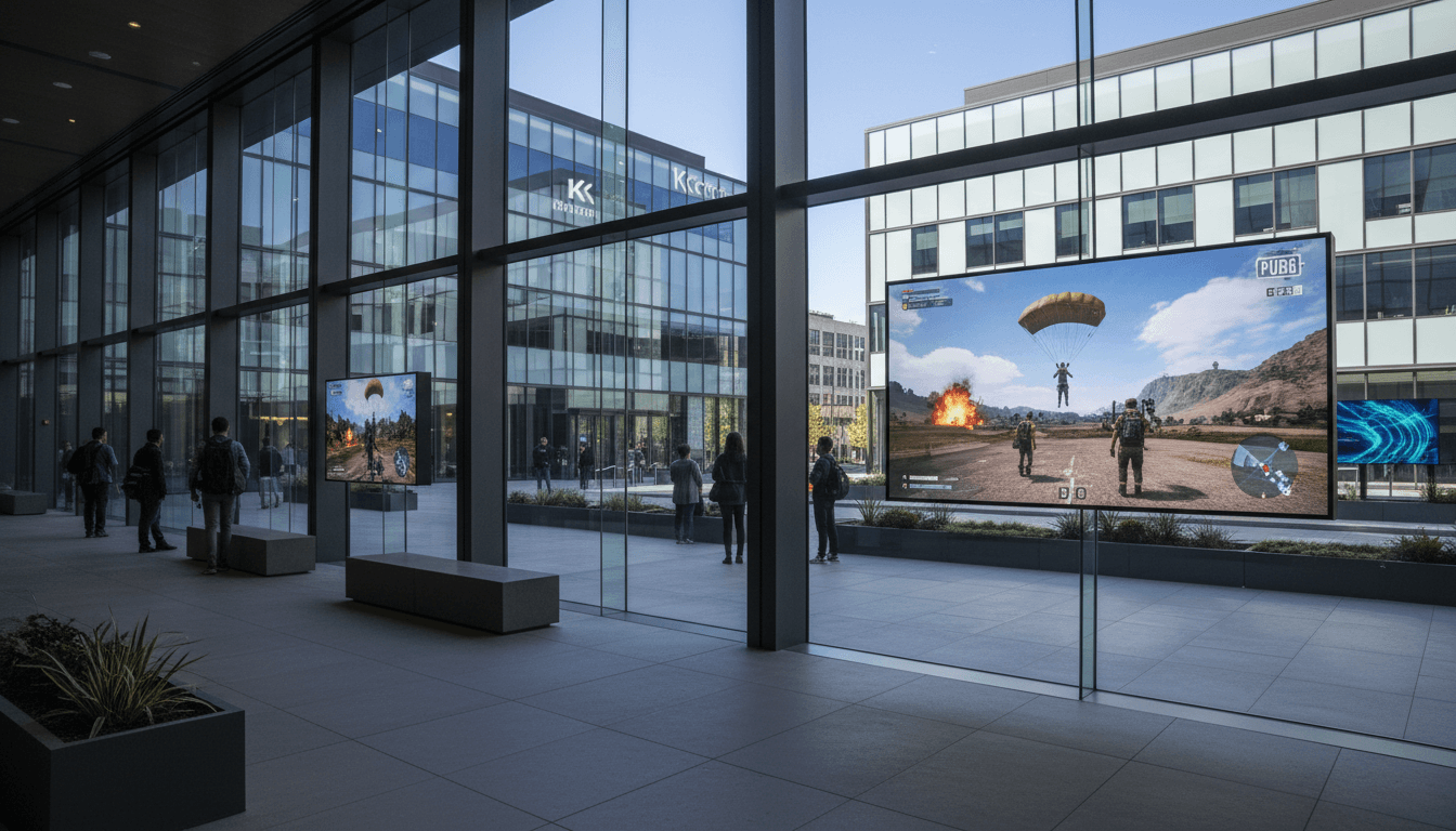 A wide environmental shot showing the bustling Krafton Inc headquarters, with the company logo prominently displayed on a modern building, and large digital screens in the lobby displaying PUBG gameplay footage, reflecting Krafton Inc stock uncertainty.