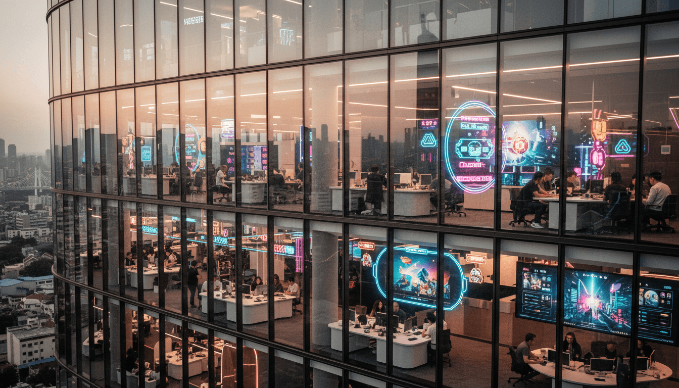 A wide, dynamic shot of a bustling Chinese gaming company's headquarters after a Saudi Savi acquisition, with futuristic architecture, digital displays showing game concepts, and employees collaborating in open-plan offices.