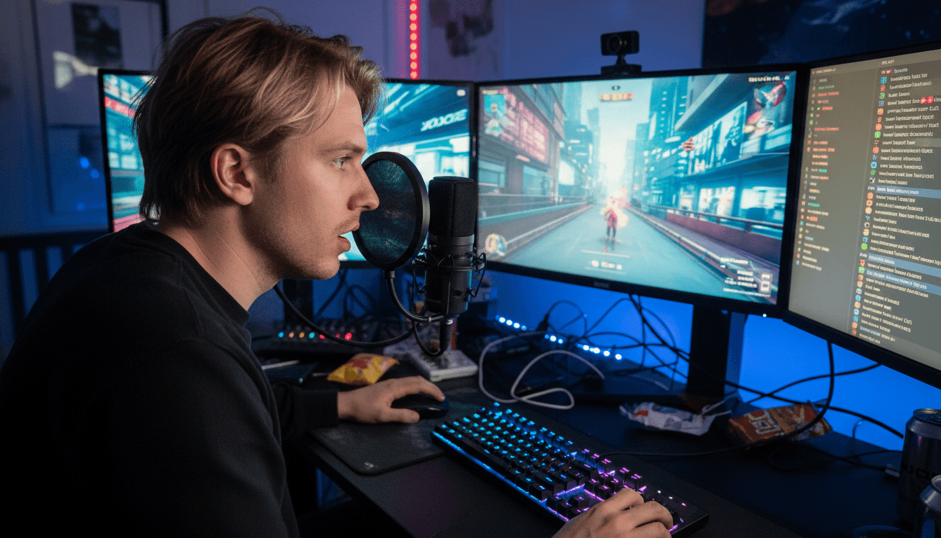 xQc net worth: Félix Lengyel mid-stream, reacting animatedly to a game with his signature intense expression, surrounded by a vibrant, high-tech streaming setup.