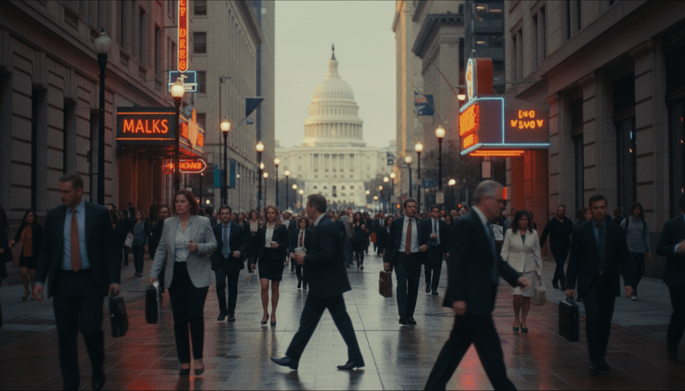 A bustling street scene in Washington D.C., with the Capitol Building visible in the background, symbolizing the political scrutiny of the foreign investment review.