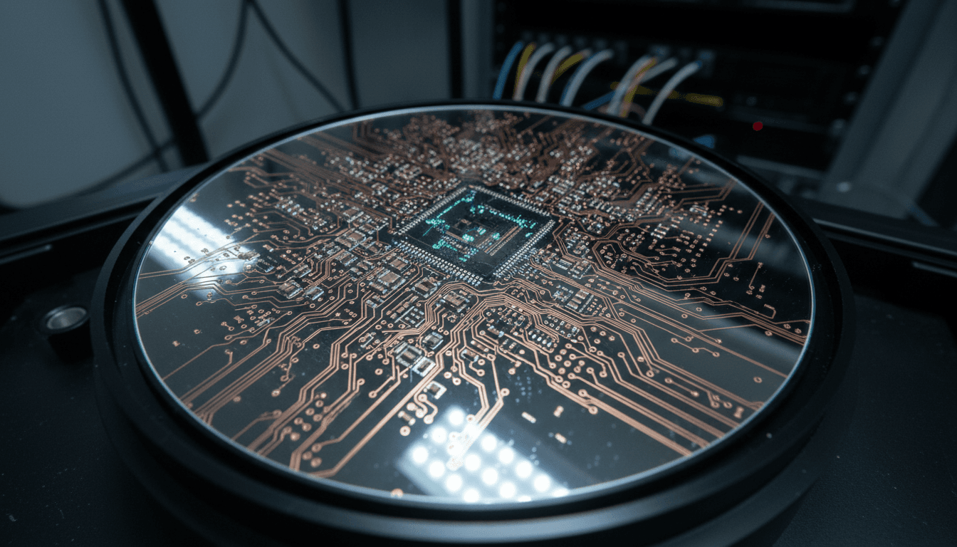A close-up of a highly detailed, futuristic microchip, glowing subtly with intricate circuit patterns, representing Nvidia's new AI inference chip.