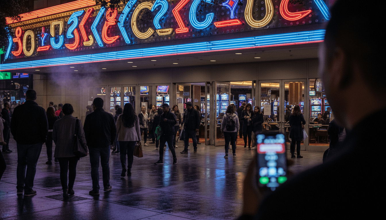 A candid street-level shot of a modern casino entrance at night, with bright neon signs and a glimpse of the bustling interior, hinting at the technology managing its operations, including Table Trac revenue systems.