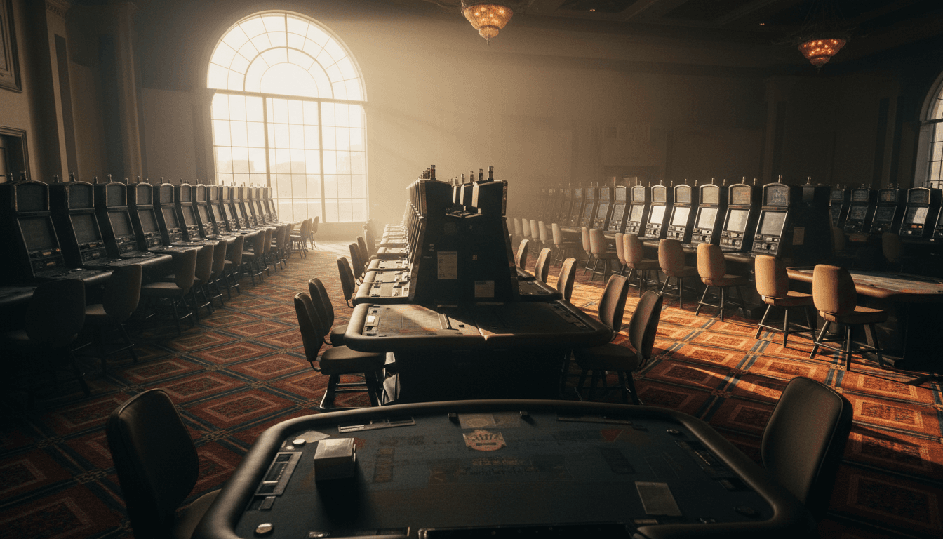 An empty, grand casino floor at dawn, bathed in the soft, warm light of the rising sun, subtly hinting at the scale of a potential Codere sale.