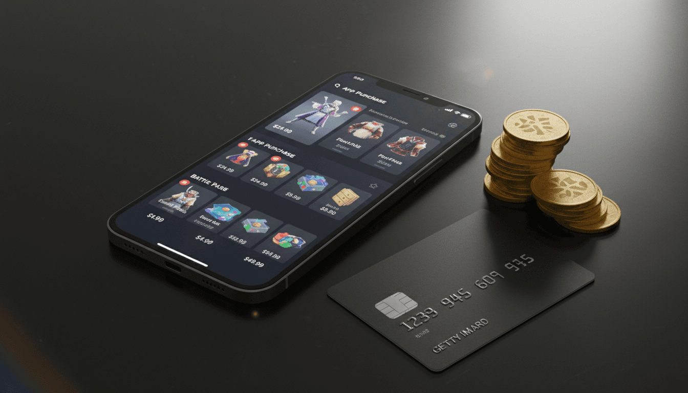 A smartphone screen displaying a mobile game's in-app purchase interface, with a stylized 'Buy Now' button prominently visible, alongside a credit card and a stack of coins, all representing Appcharge mobile game payments.