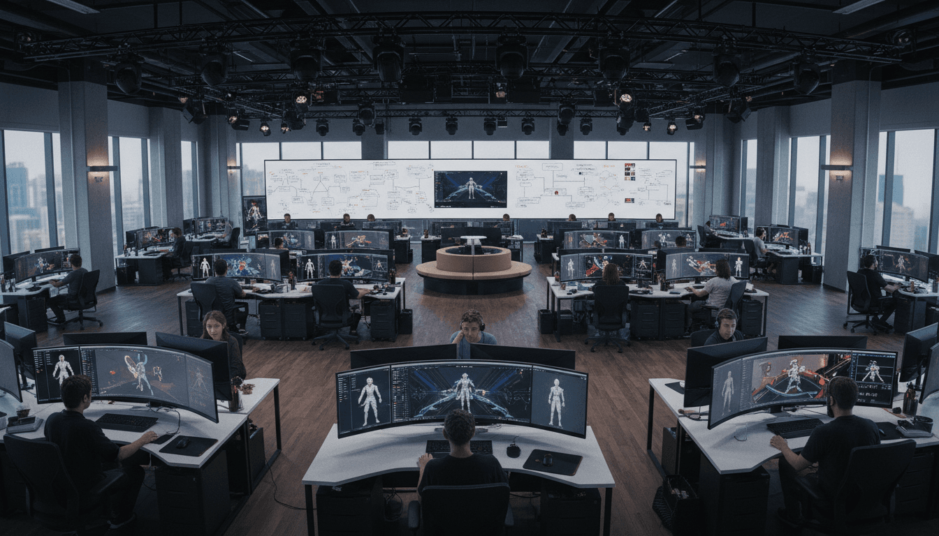A wide shot of a bustling, futuristic video game development studio in North America, with multiple screens displaying game engines and concept art for AAA game budgets.