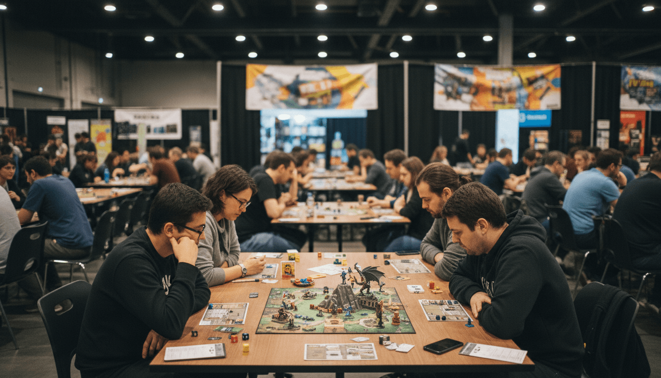 A bustling convention hall floor, with attendees gathered around multiple tables playing various board games. The scene showcases the vibrant community and diverse range of products within the board games market, with colorful game boxes and intricate game pieces visible.