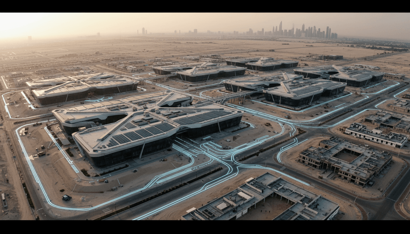 An aerial view of a futuristic data center in Dubai, showcasing advanced digital gaming technology and UAE payments infrastructure.