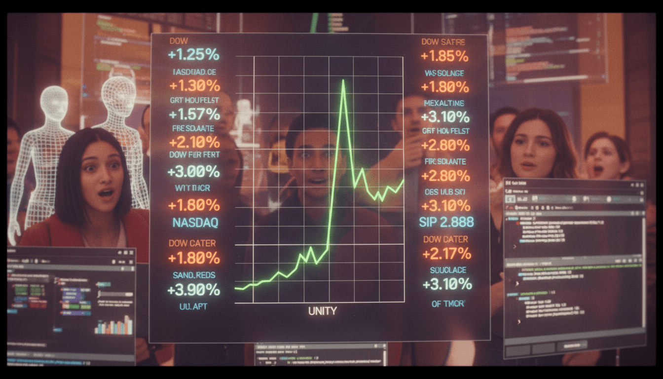 A digital representation of Unity's stock market performance, with a green upward-trending arrow superimposed over a stylized graph, symbolizing the Unity stock surges after strong earnings.
