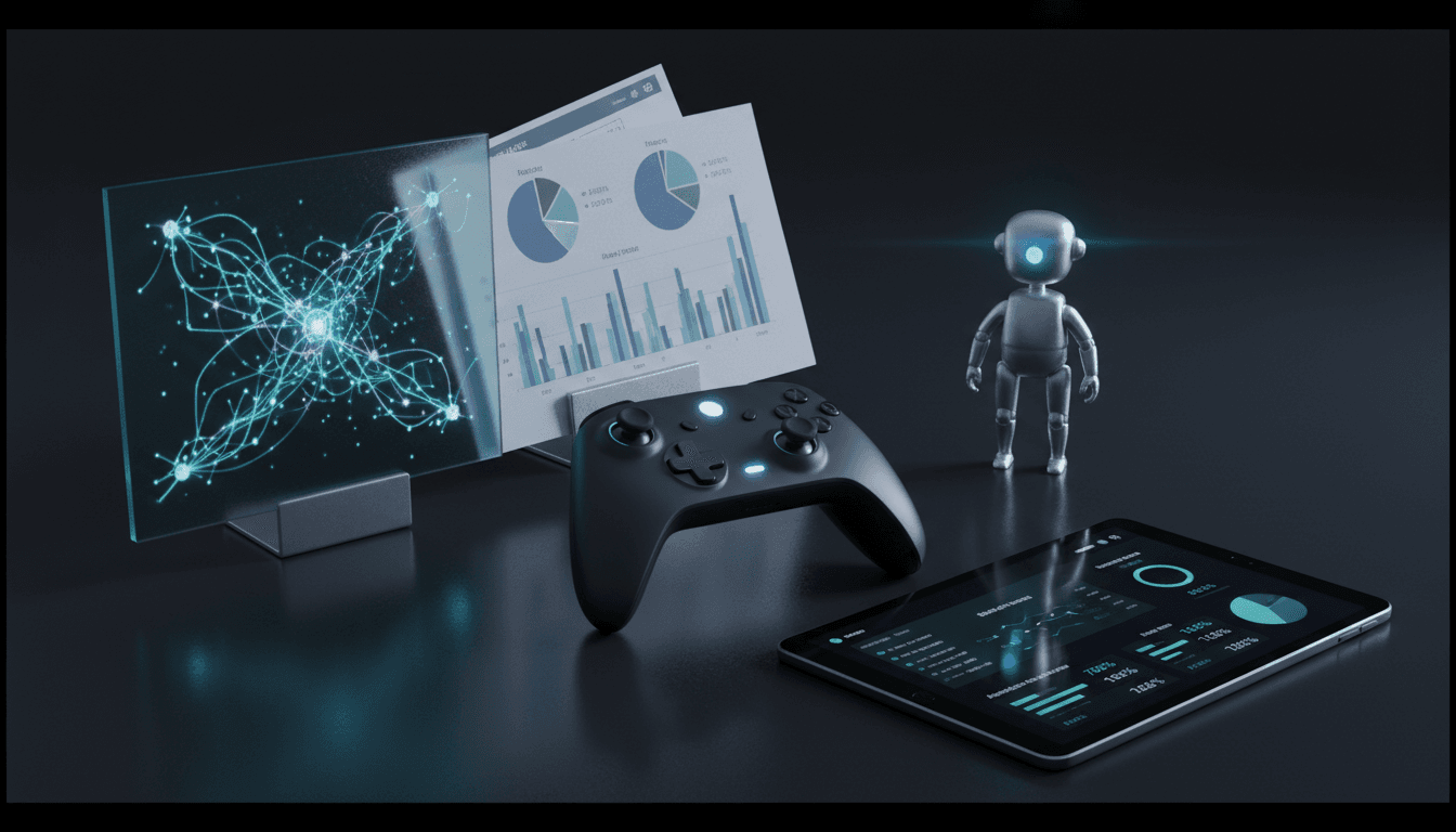 A stylized graphic representing Sett automates game marketing, with AI agent icons flowing into a game controller silhouette.