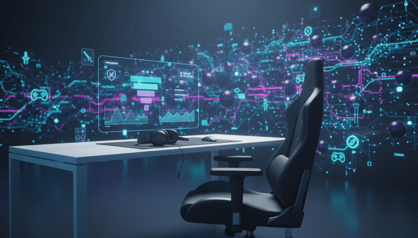A futuristic digital interface displaying complex algorithms and data visualizations, symbolizing advanced AI user acquisition in gaming.