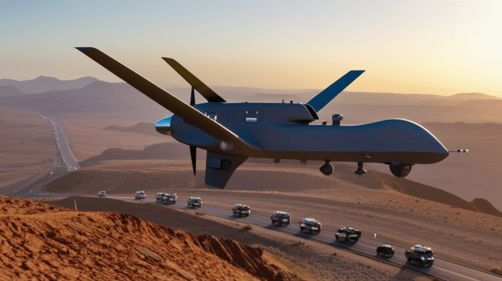 Military drone flying over a desert landscape, with self-driving cars in the background.
