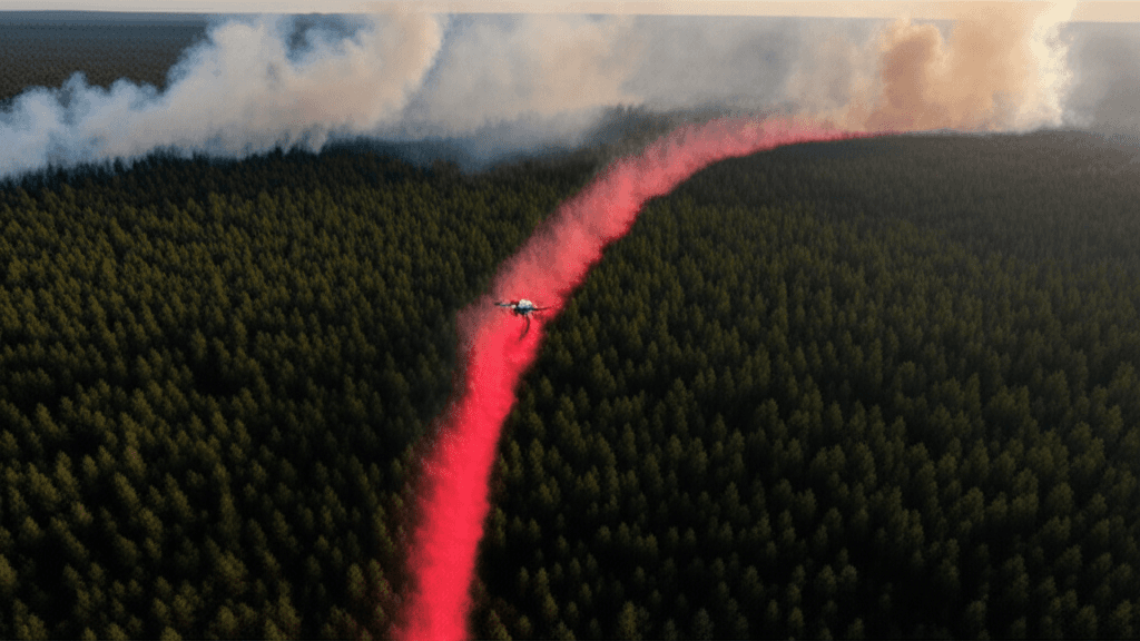 A drone deploying fire retardant over a forest to illustrate wildfire prevention limits.