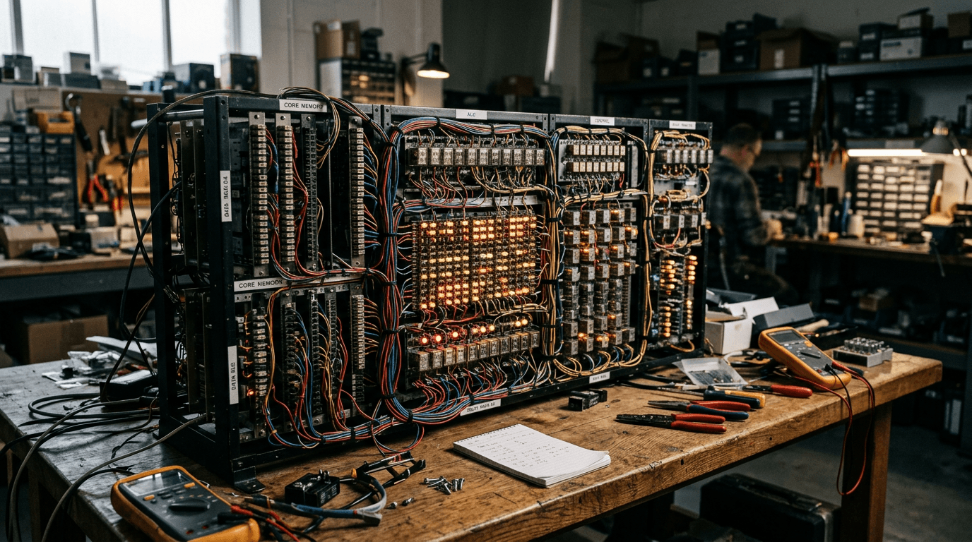 A detailed view of a relay computer using capacitor memory technology components.