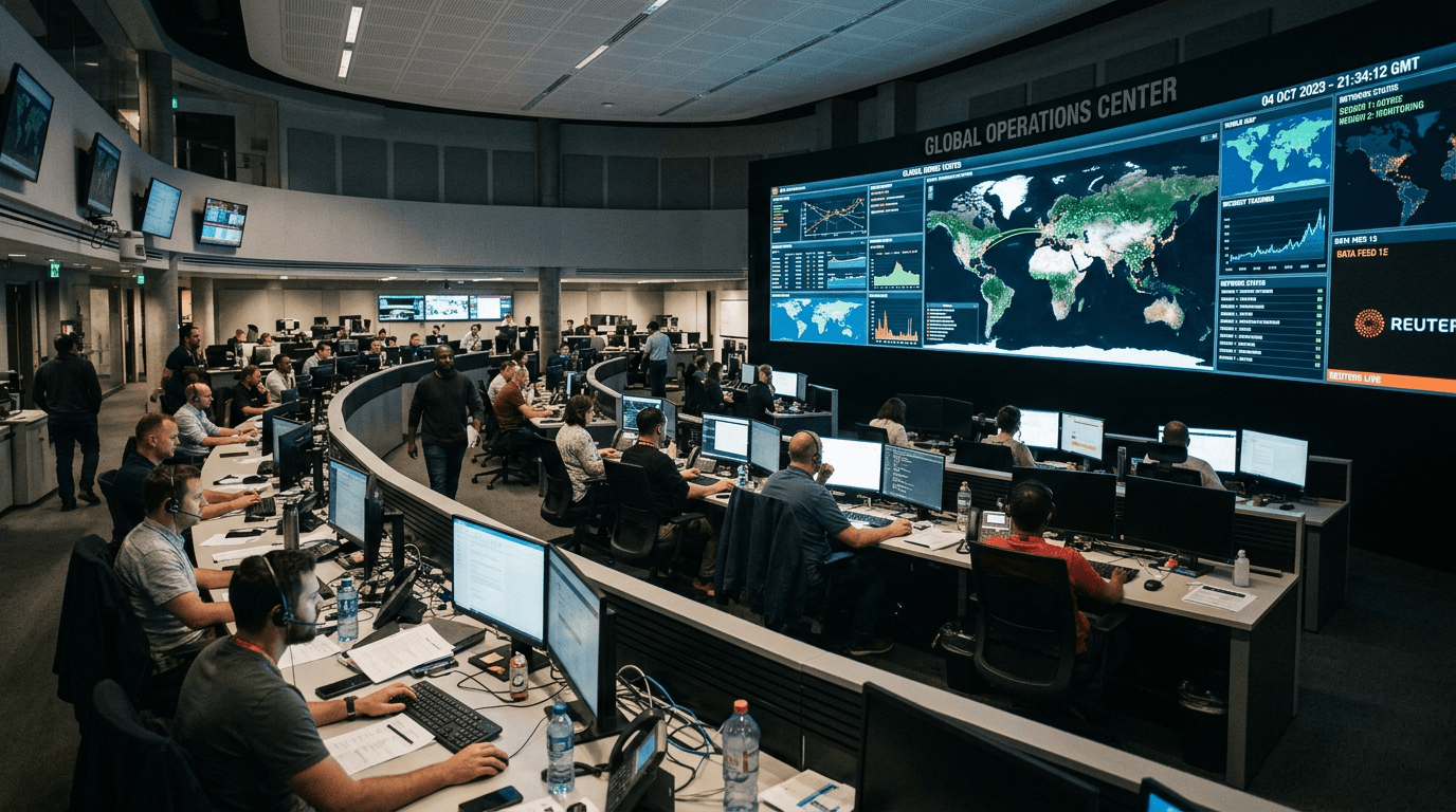 A high-tech control room representing the need for military AI oversight in global defense.