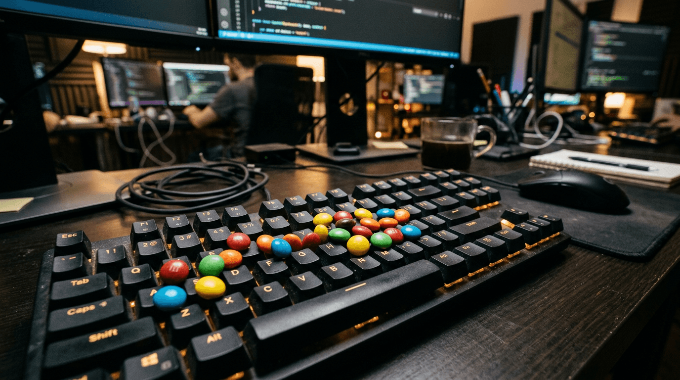 A close-up of colorful candy-coated chocolates on a mechanical keyboard representing the MNM programming language.