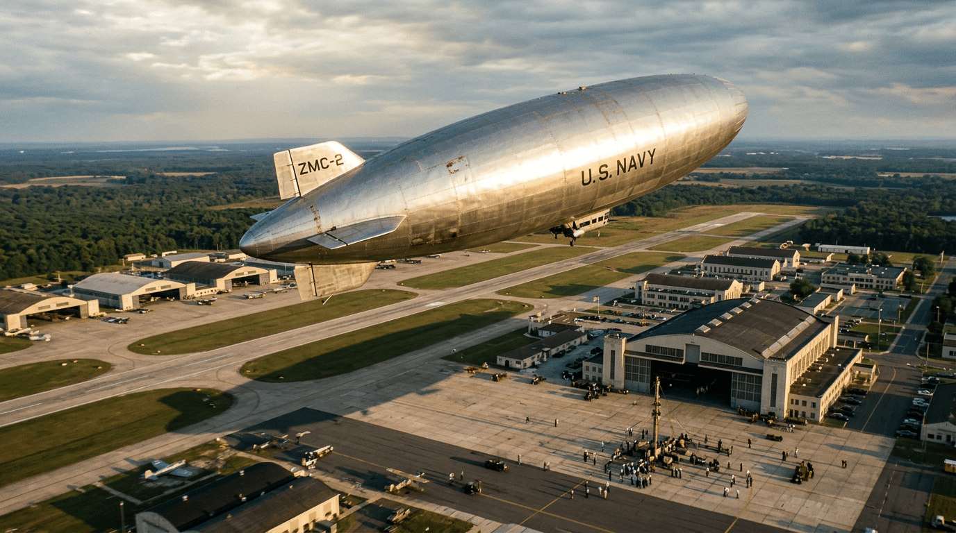 An aerial view of the Detroit ZMC-2 metal-skinned airship flying gracefully over a naval air station, showcasing its unique aluminum hull.