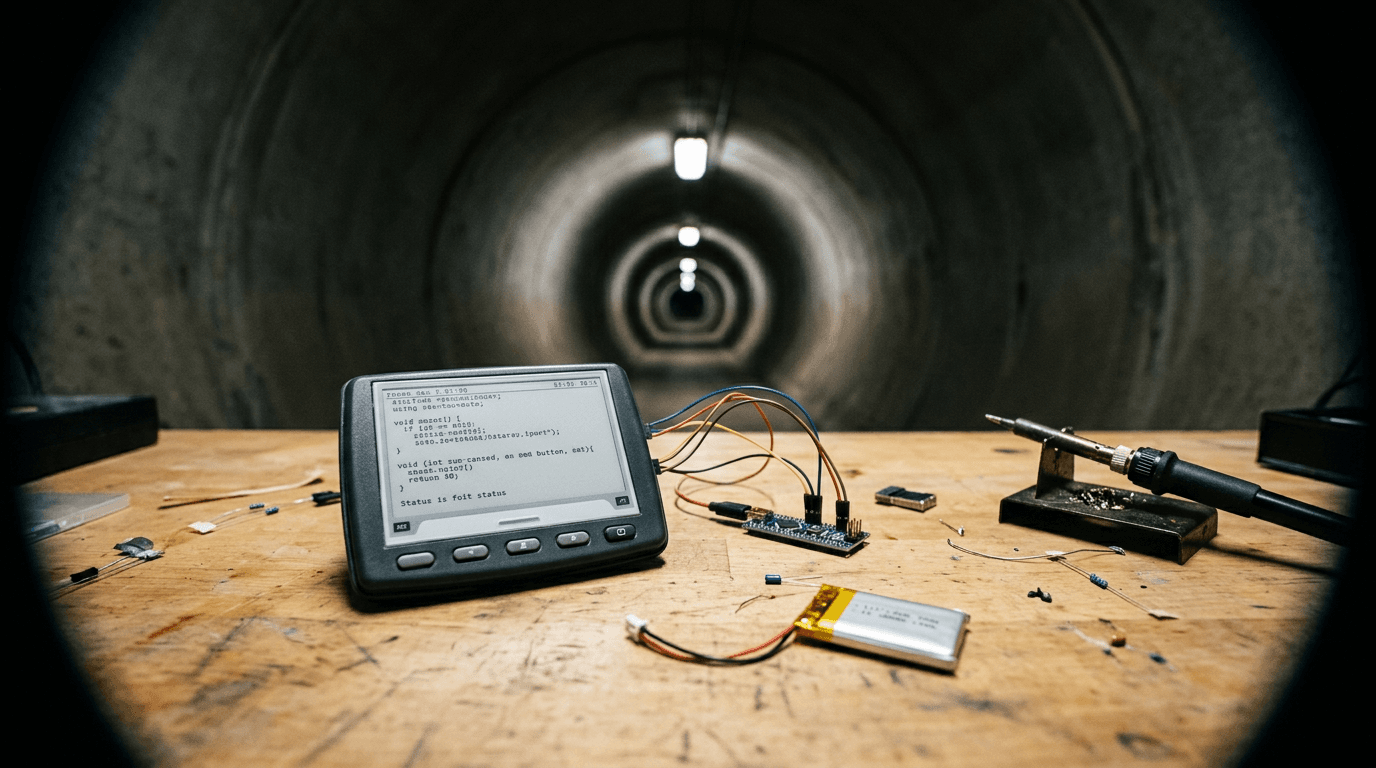 A meticulously assembled calculator case e-reader on a wooden desk, displaying text on its e-ink screen, with soldering tools and microcontrollers scattered around.