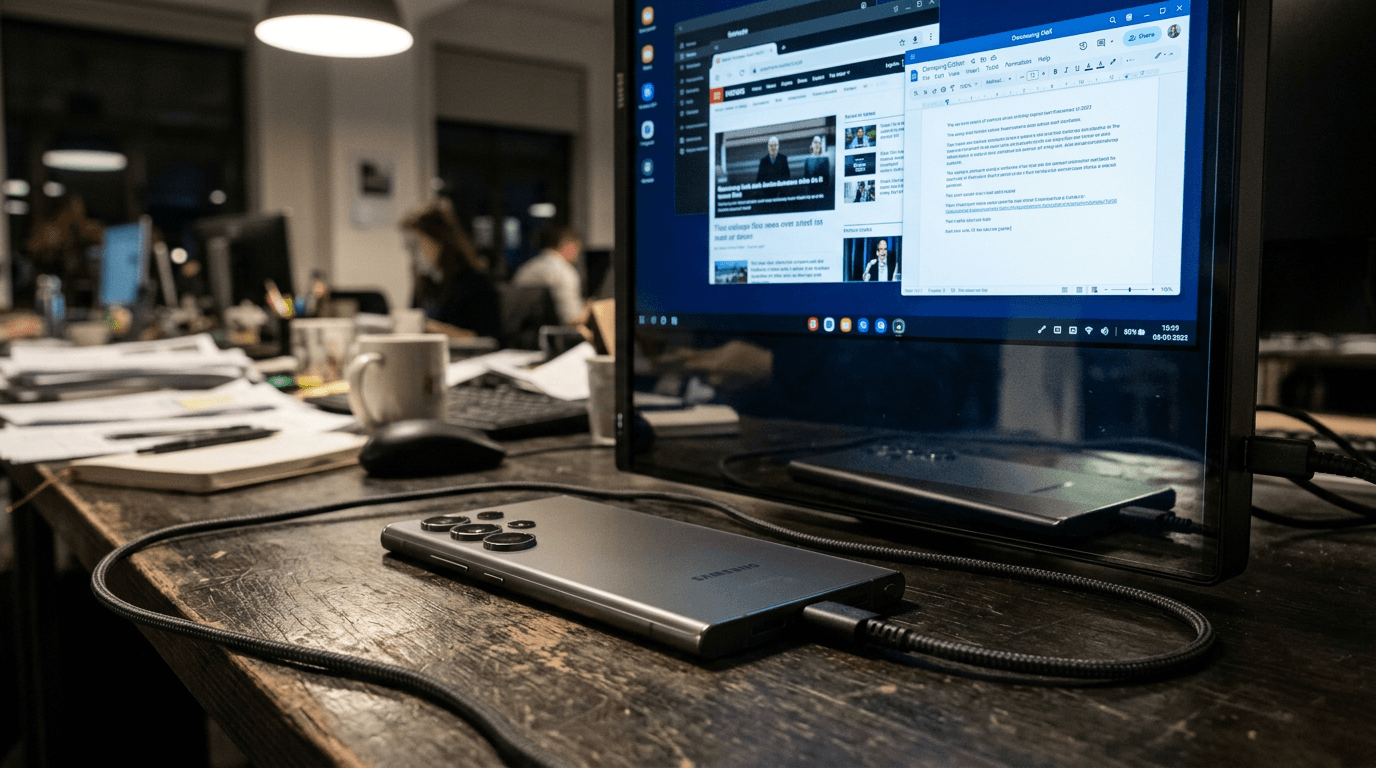 A close-up of a Samsung S26 Ultra smartphone connected via a USB-C cable to an external monitor displaying a desktop-and-windows interface, illustrating the phone as computer replacement concept.