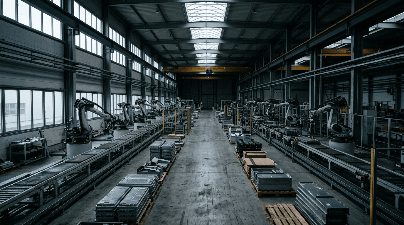 An empty, dimly lit factory floor with inactive robotic arms and a few scattered battery cells, symbolizing the brutal times for US battery industry.