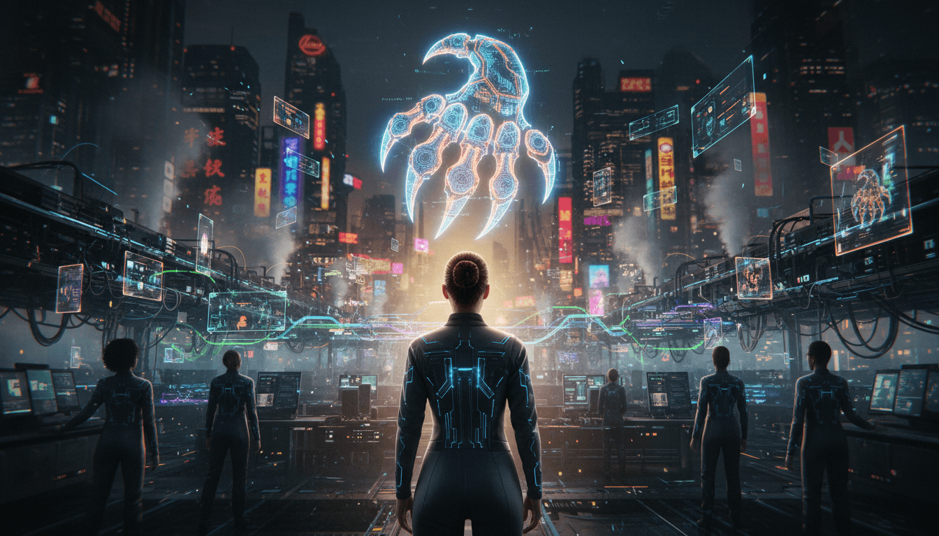 A stylized, glowing digital claw symbol grasping a network of interconnected devices, representing China's OpenClaw AI craze and its autonomous control.