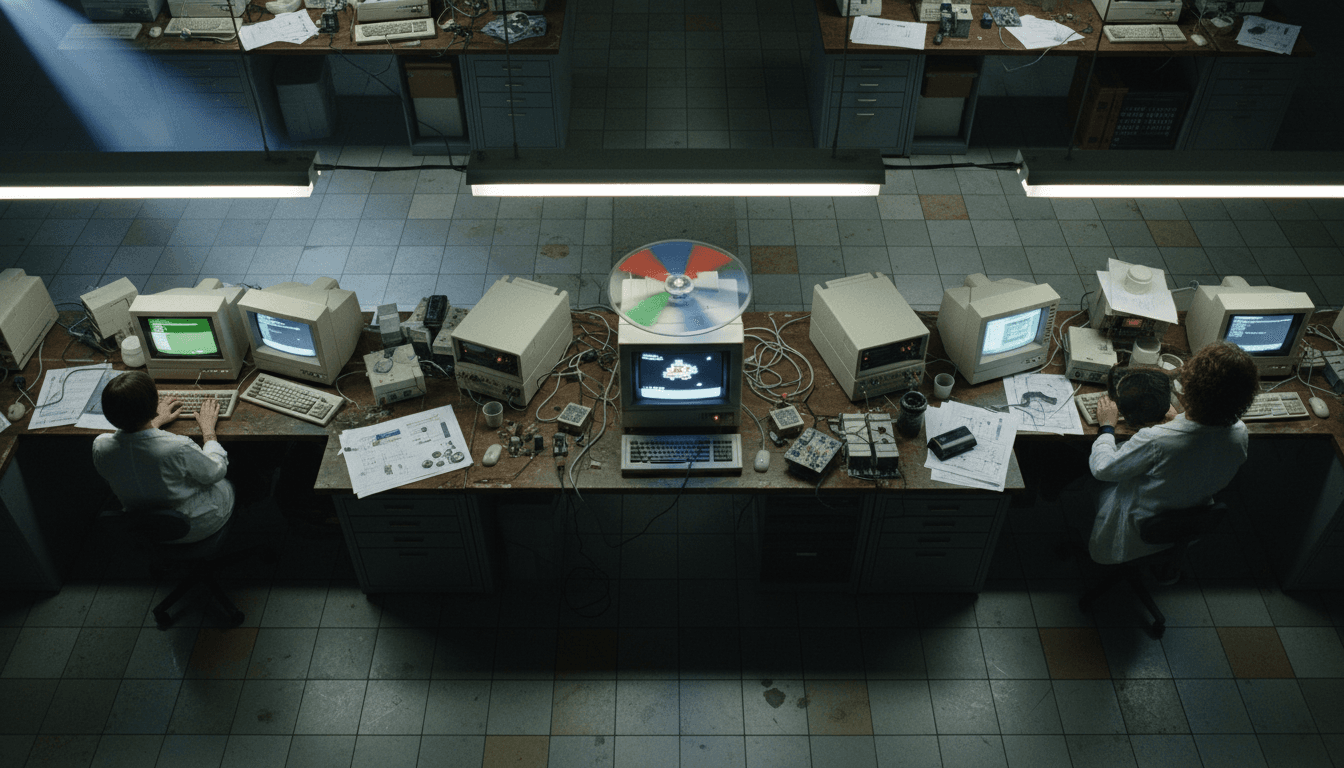 An aerial view of a meticulously recreated vintage computing lab, featuring various 8-bit machines with a central prototype field sequential home computer displaying a vibrant, albeit low-resolution, color image. The setup showcases early 1980s technology, with CRT monitors and a rotating color filter disk visible on the prototype.