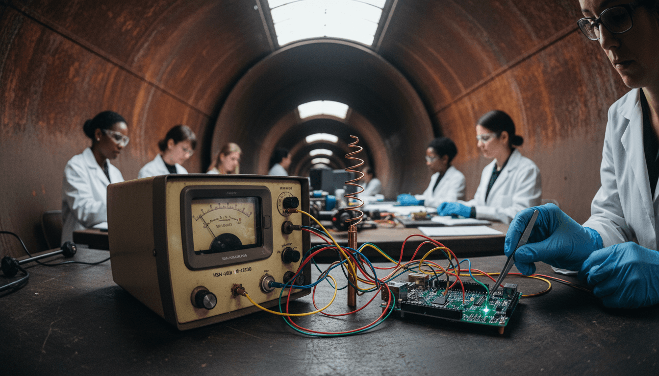 A close-up still life arrangement showing components for replicating nuclear event detector: a vintage HSN-1000 Geiger counter, a modern Raspberry Pi board, connecting wires, and a small antenna, all on a workbench.
