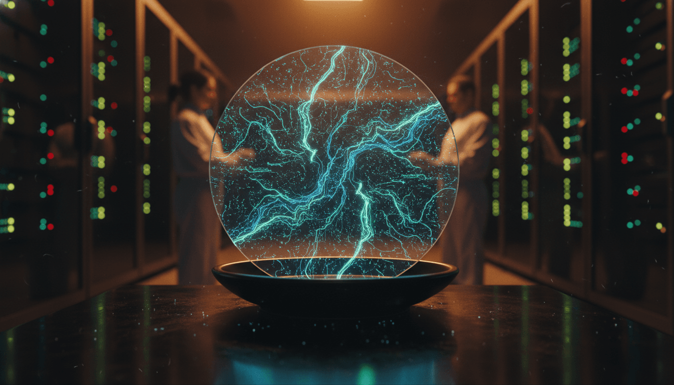 Close-up of a futuristic transparent glass AI chip with intricate circuits visible beneath the surface, highlighting the innovation of Glass AI chips.