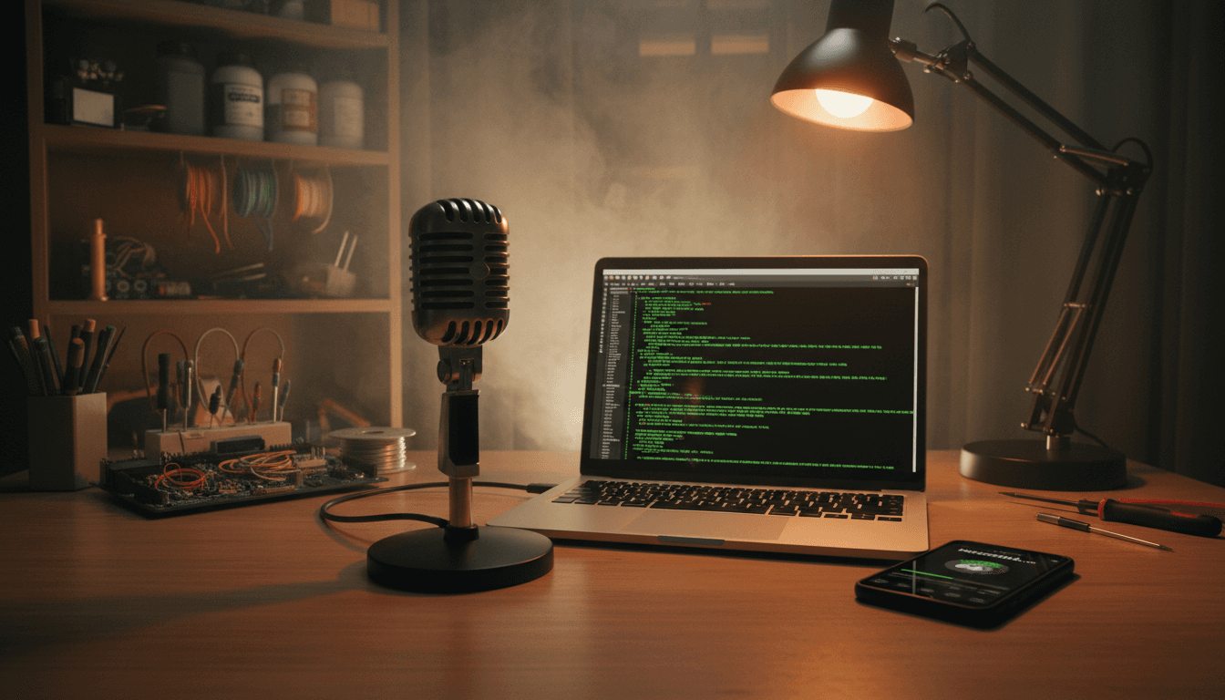 A vintage radio microphone on a desk with a laptop displaying code and a smartphone, symbolizing the Hackaday Podcast Mailbag segment.