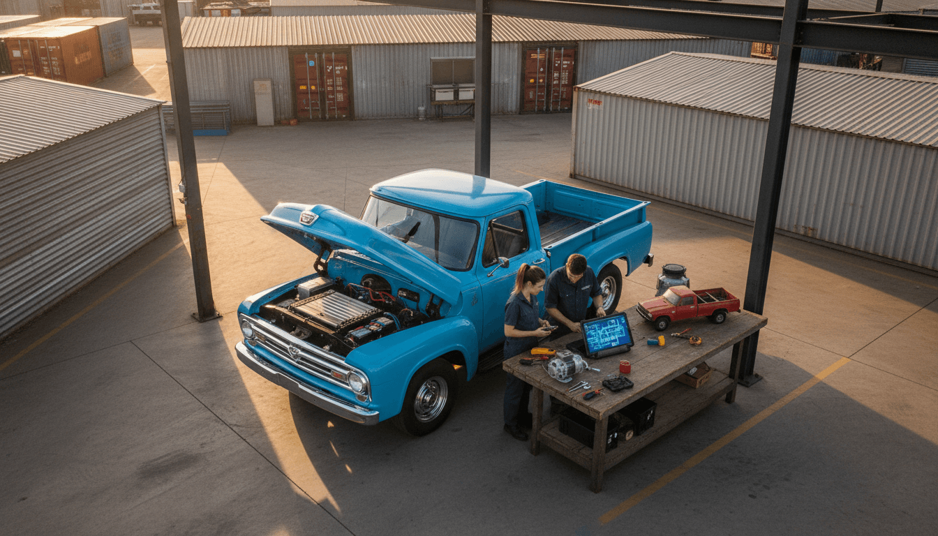 A meticulously restored classic pickup truck, now an electric vehicle, parked in front of a rustic garage, highlighting classic EV conversions.