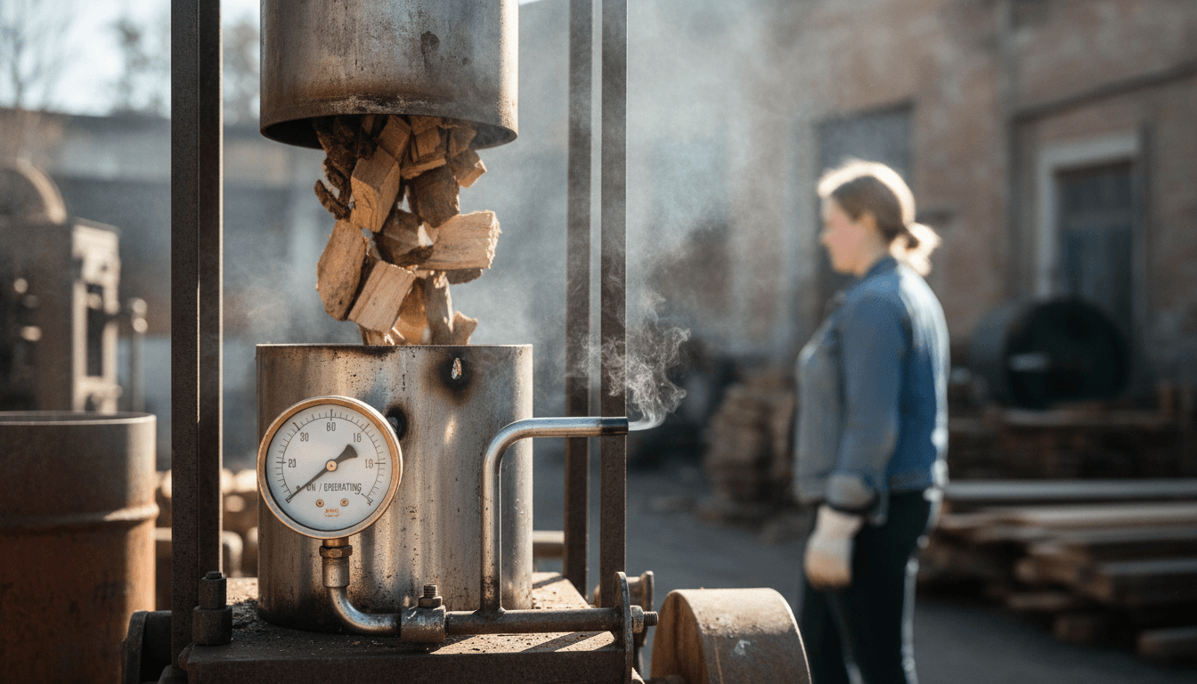 A close-up of a compact wood gasifier unit converting scrap wood into syngas for off-grid electricity and hot water generation.